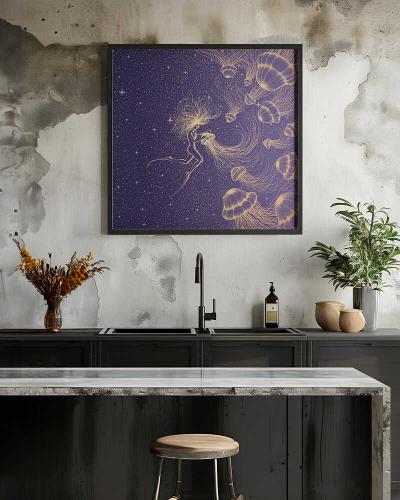 Starry Jellyfish and Diver (golden Lines & Purple Space)