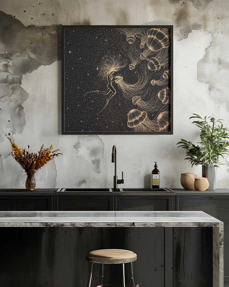 Starry Jellyfish and Diver (golden Lines & Purple Space)