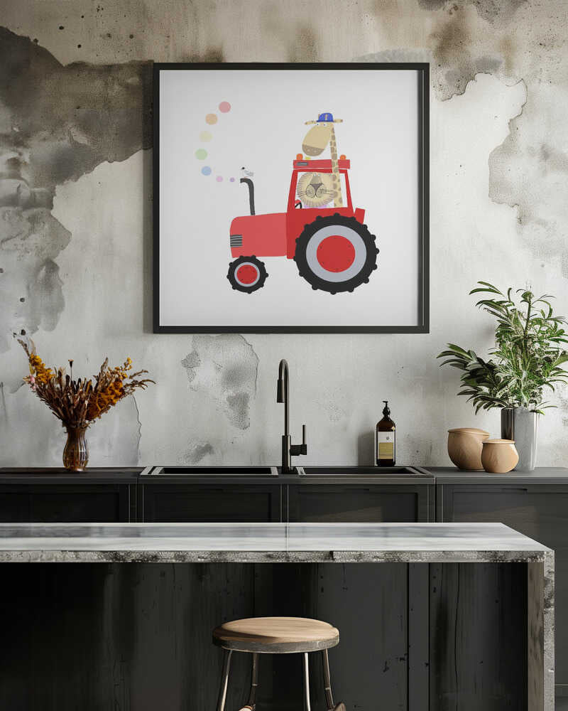 Giraffe and Lion in Red Tractor with Rainbow Spots by Carla Daly