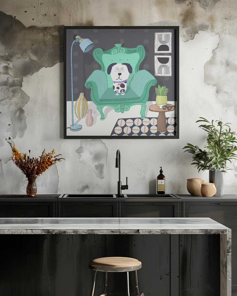 Funny Dog Sitting in a Trendy Interior by Carla Daly