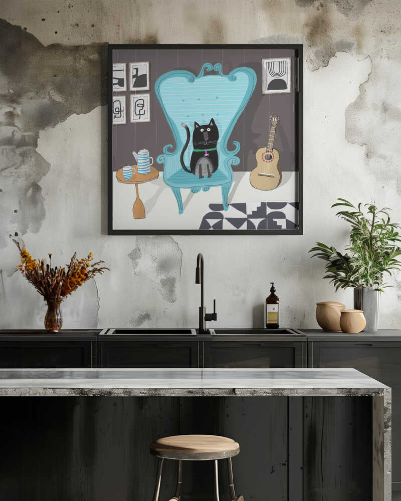 Cute Black Cat sitting on Blue Armchair by Artist Carla Daly