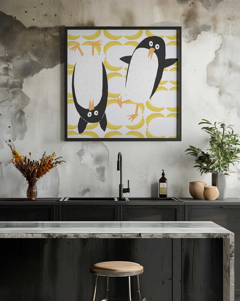 Funny Penguins with Banana Pattern Background by Carla Daly