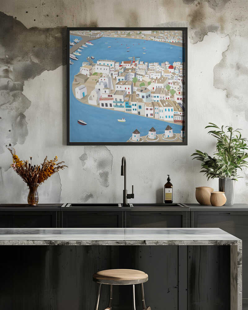 Mykonos, Greece Harbor with White Washed Buildings by Carla Daly