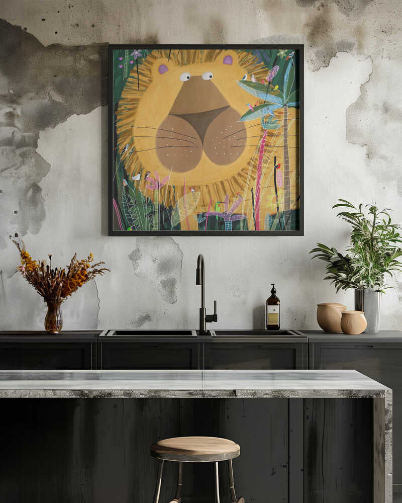 Large Lion Peeks Out of the Jungle Foliage by Artist Carla Daly