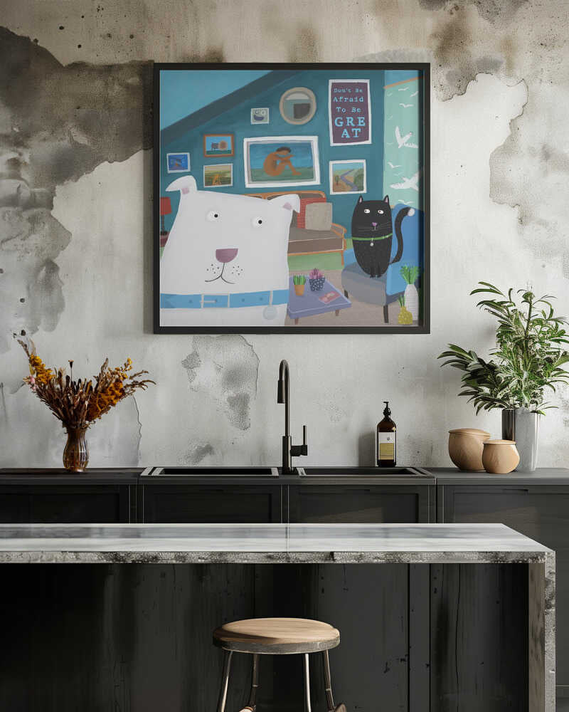 Cute White Dog with Black Cat in Designer Interior