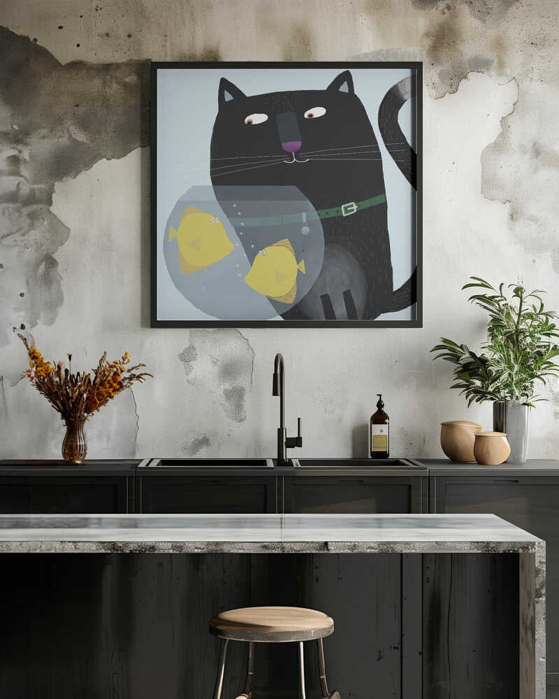 Black Cat Eyeing Up Yellow Fish in fish Bowl by Artist Carla Daly