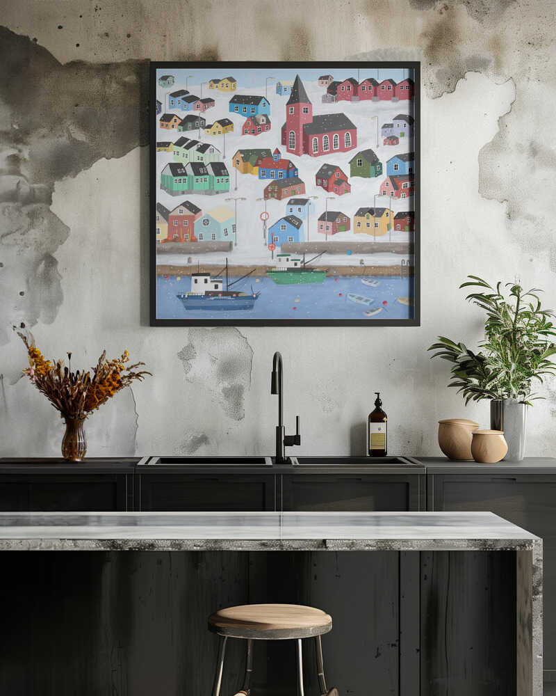 Snowy Town with fishing Boats by Artist Carla Daly