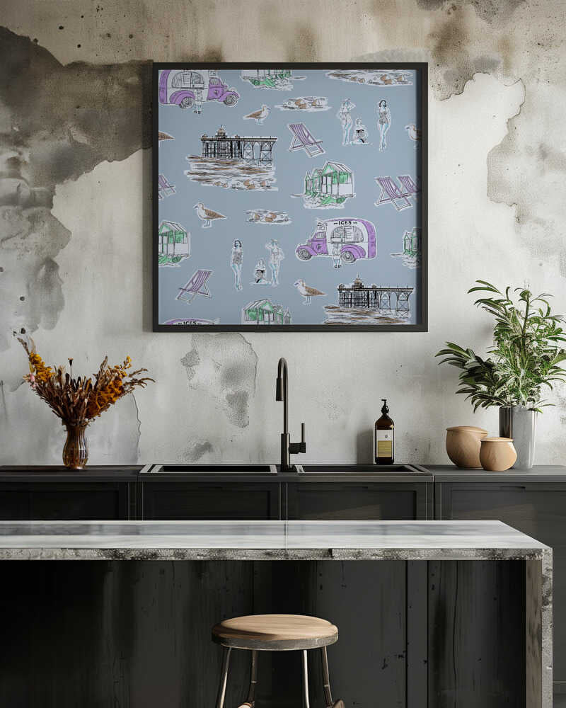 Retro Beach Bathers Toile blue