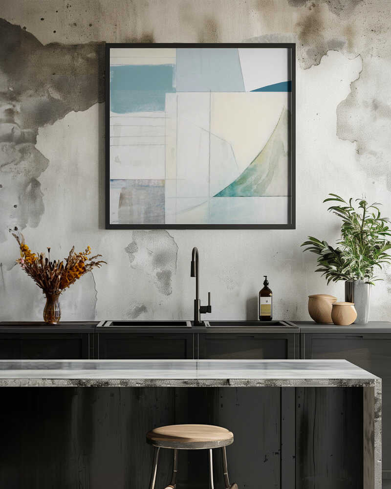 Abstract Blue and White Shapes Neutral No 1 Print