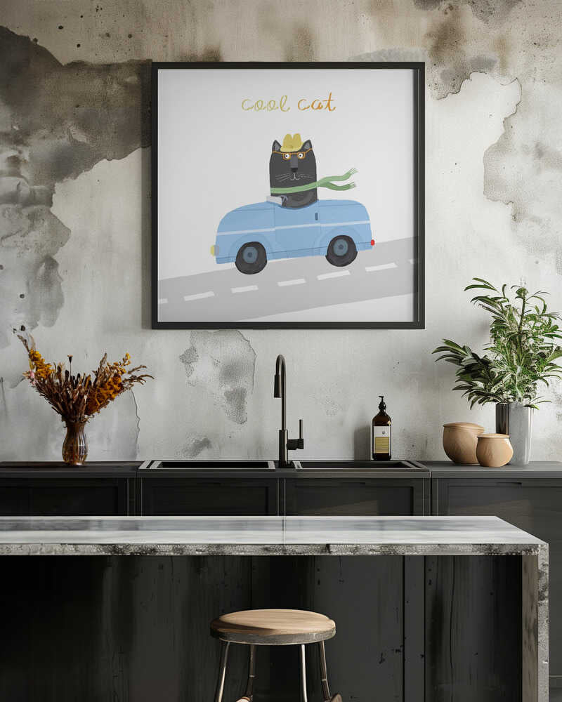 Cool Cat, Cute Black Cat in a Blue Car