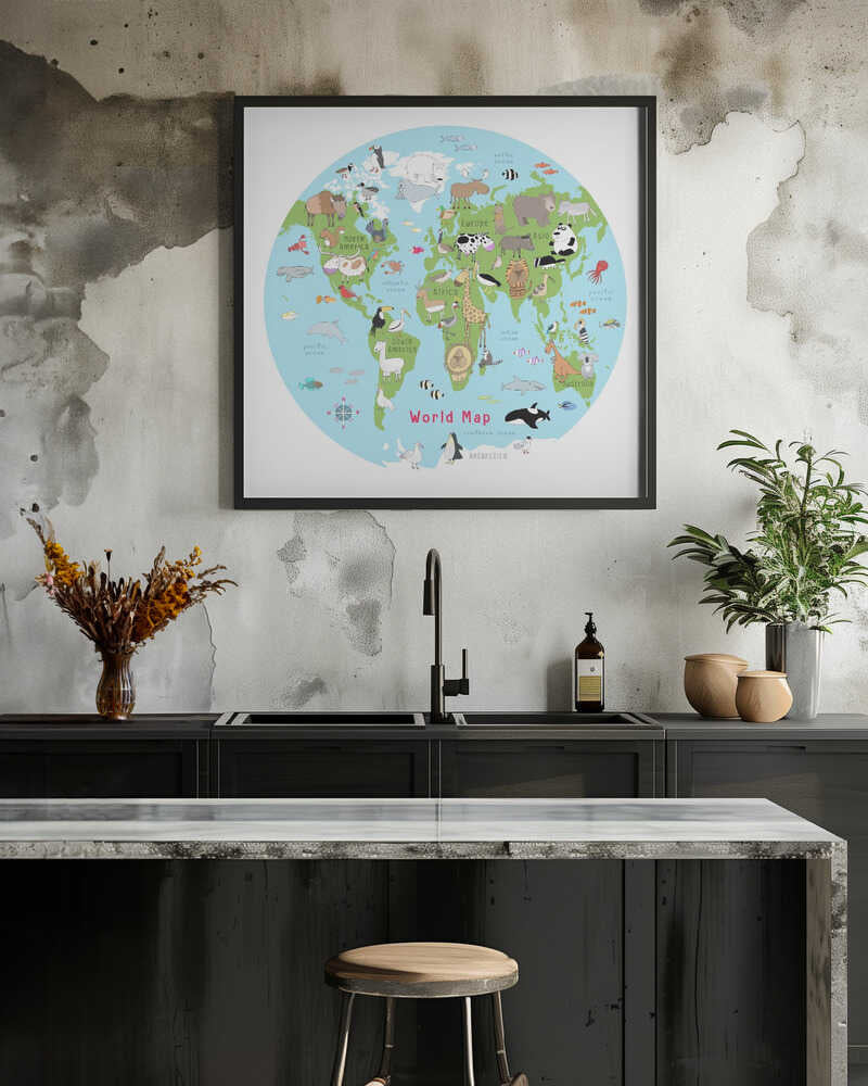 Illustrated World Map Animals and Fish Light Blue By Carla Daly