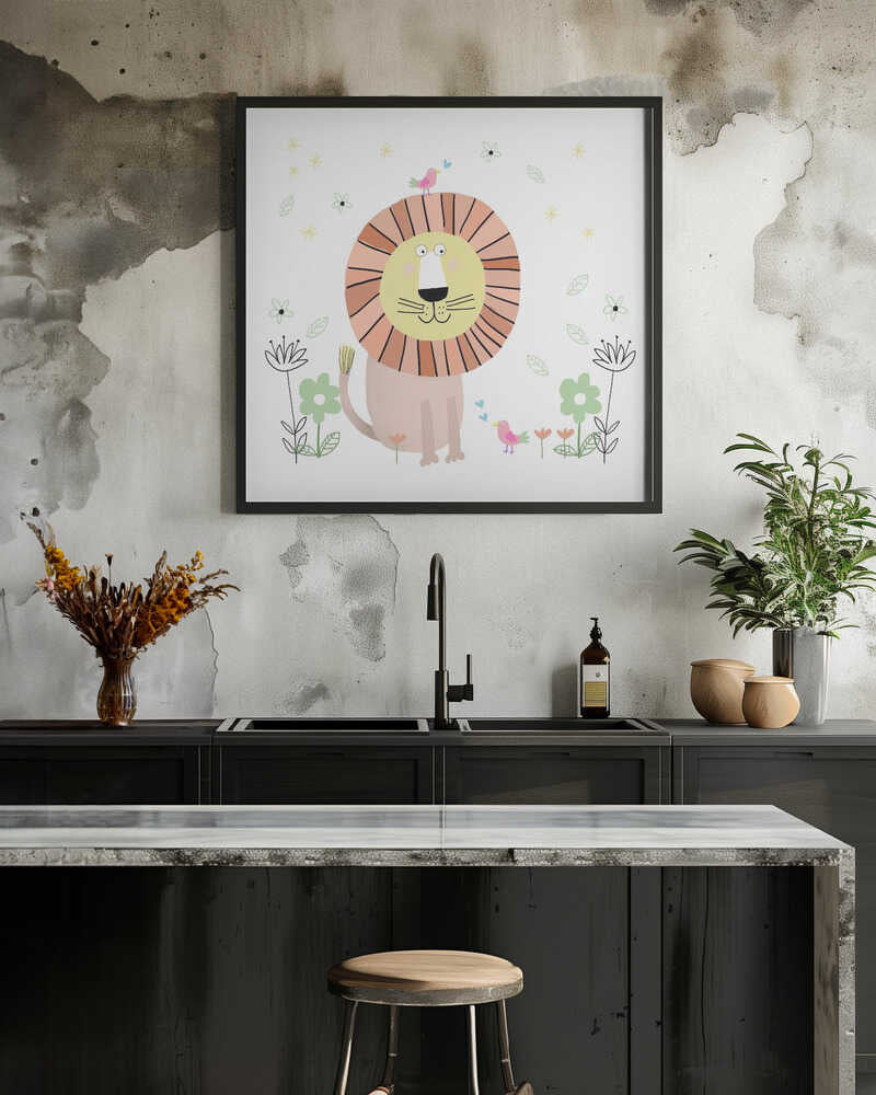 Cute Lion with Pink Birds