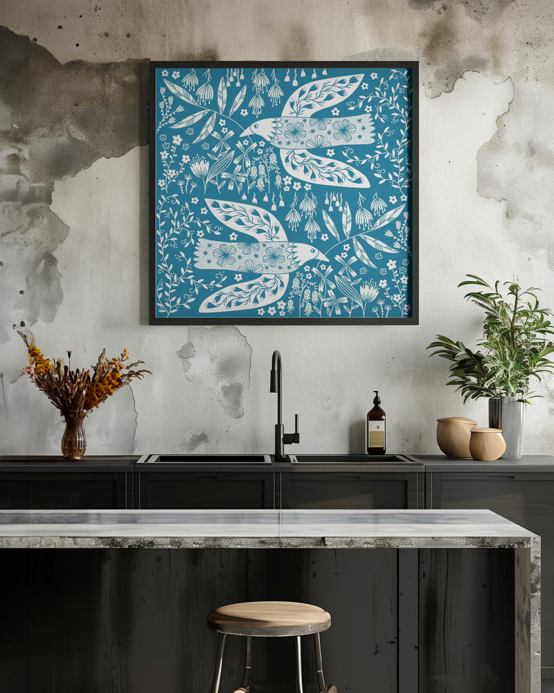 Peace Doves And Flowers White On Teal Green