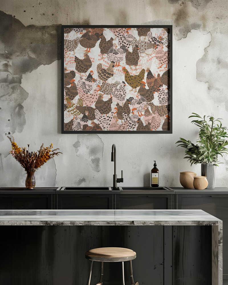 Brown chicken family pecking on the ground pattern