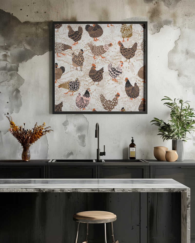 Brown chicken pecking on the ground pattern