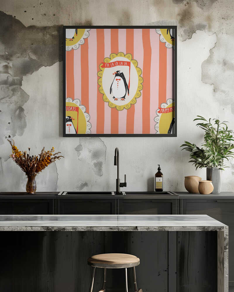 Framed festive penguins portrait Merry Christmas coral red pattern