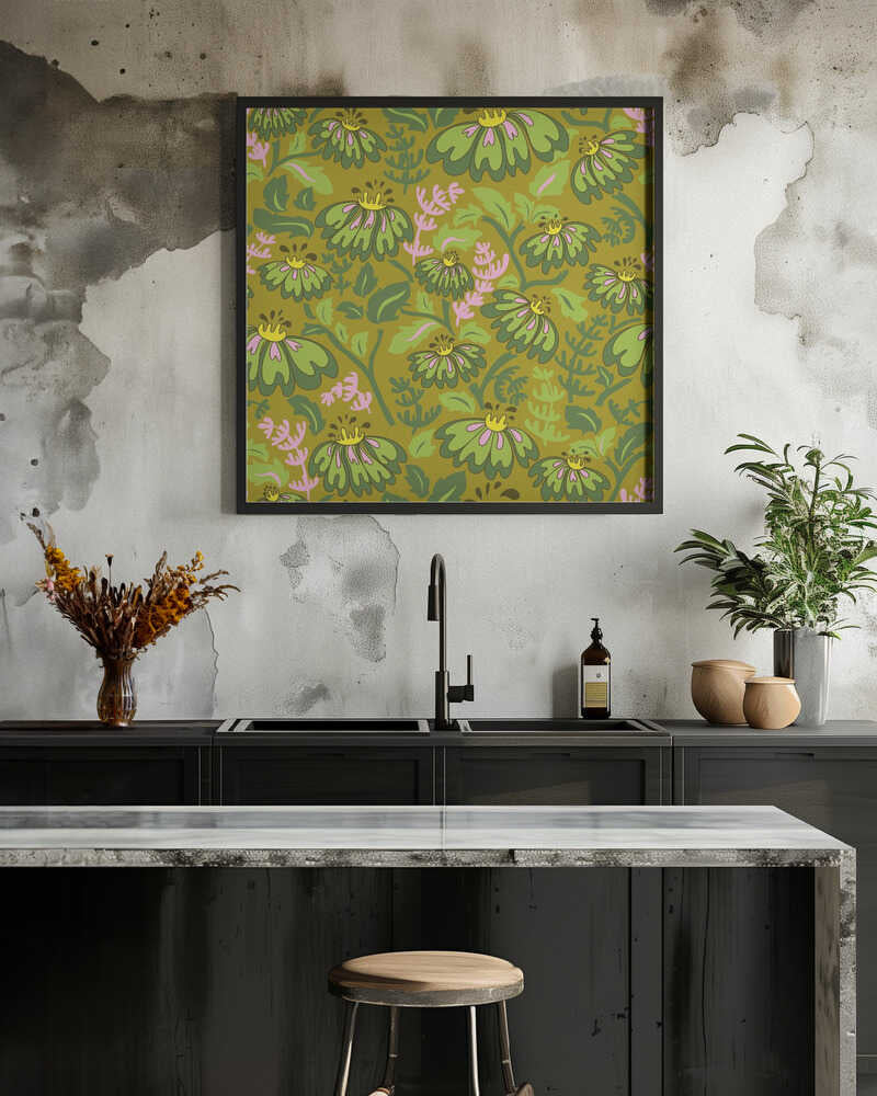 Maximalism 70s Retro Flowers Meadowland Green pattern