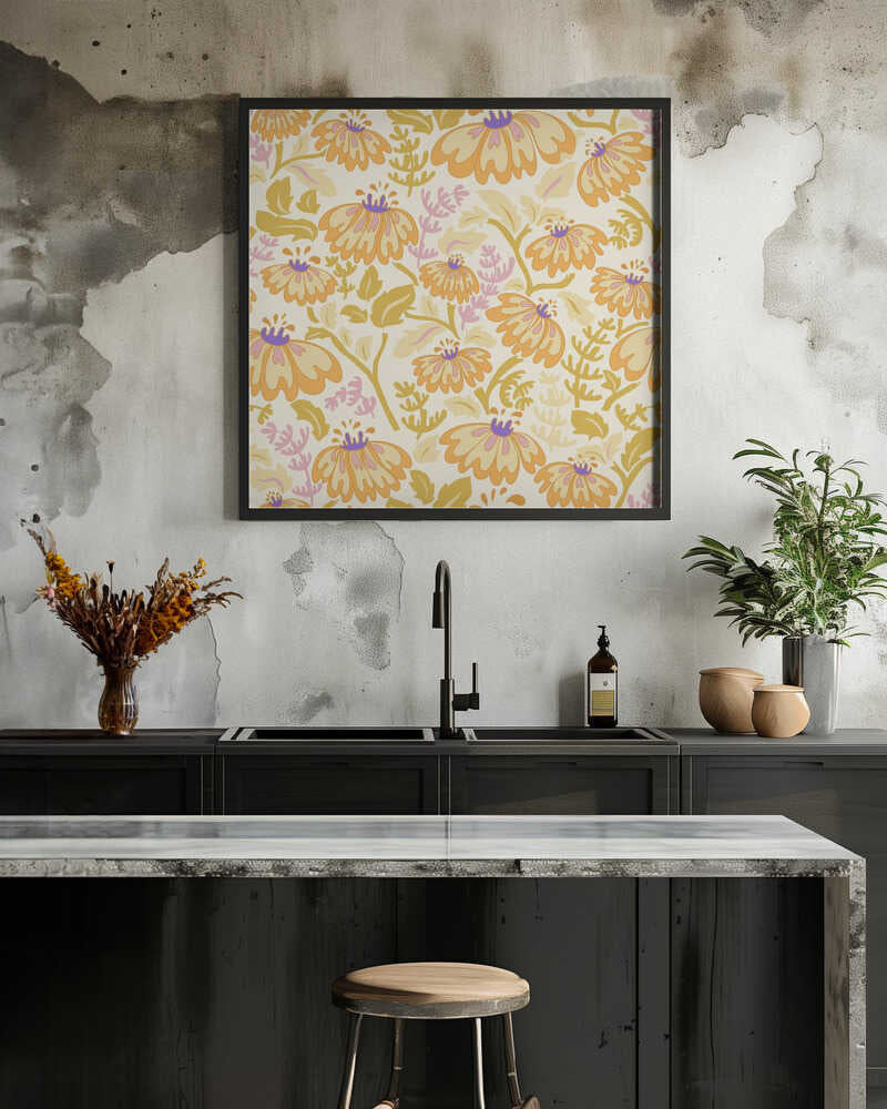 Maximalism 70s Retro Flowers Buttercup yellow and lilac pattern