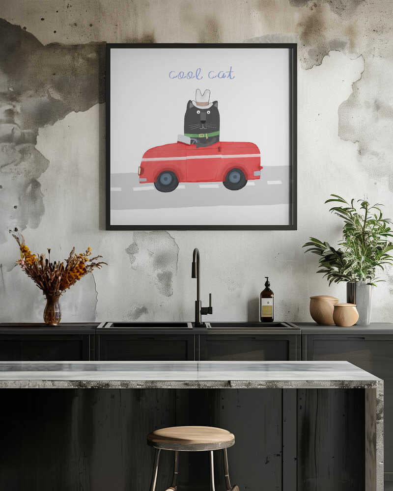Cool Cat, Cute Black Cat in a Red Car