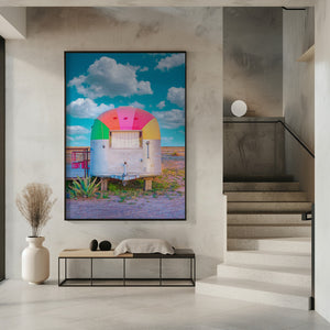 Art Prints of Vintage Camper Trailer With Rainbow Top