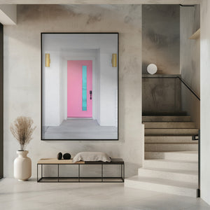 Art Prints of Pink Door with a Blue Window