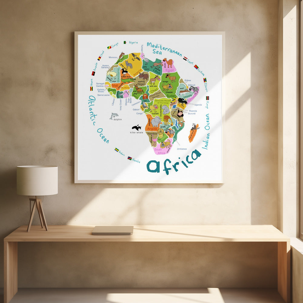 Illustrated Map of Africa with Countries and Cute Animals by Carla Daly