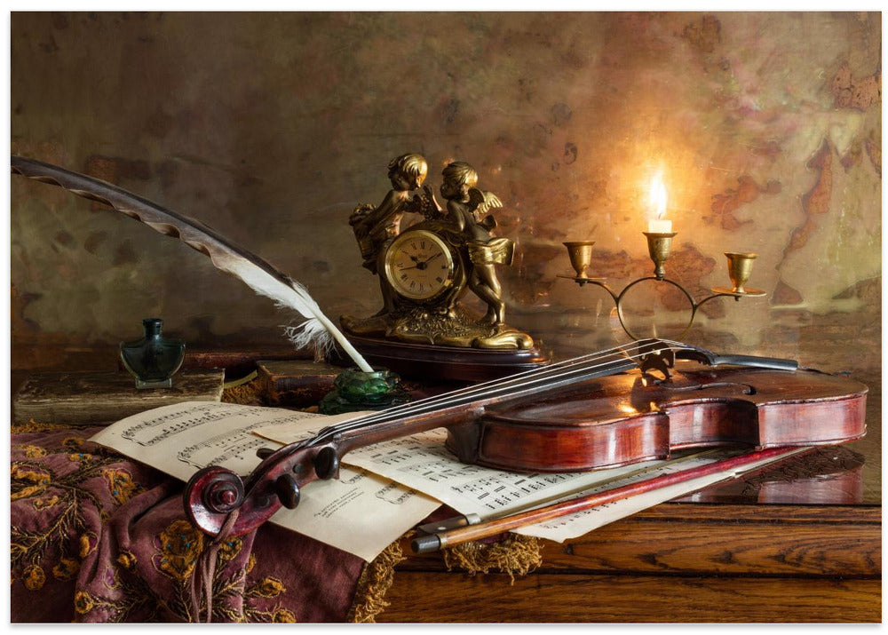 Still life with violin and clock