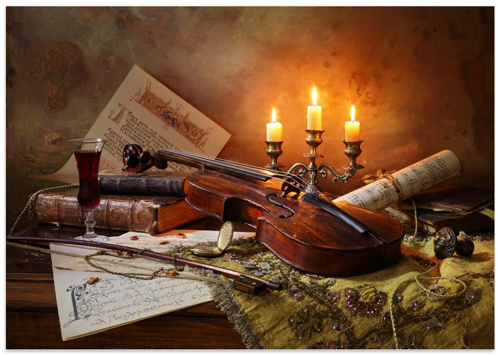 Still life with violin and candles