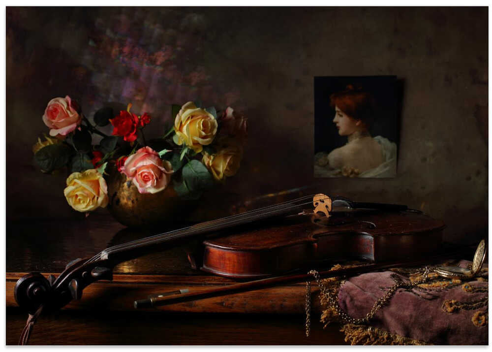 Still life with violin and flowers