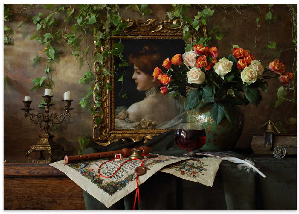 Still life with flowers and picture