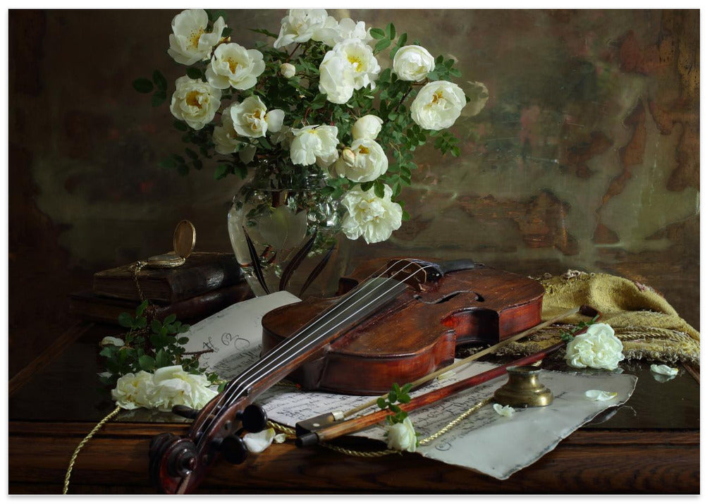 Still life with violin and roses