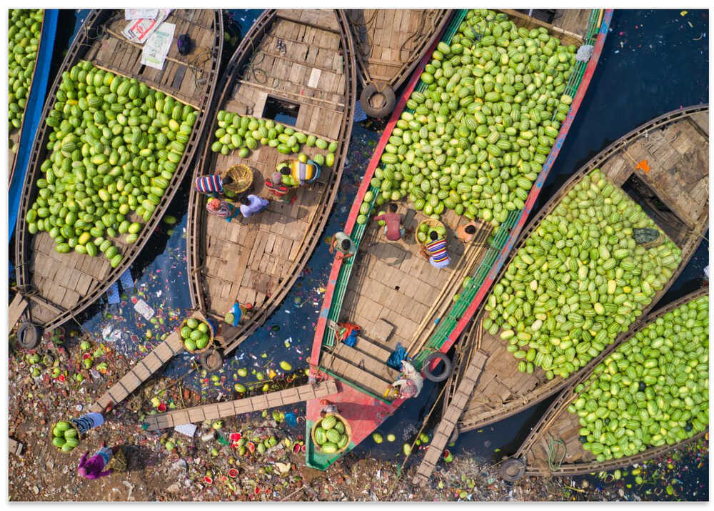 Workers unload watermelons from the boats using big baskets
