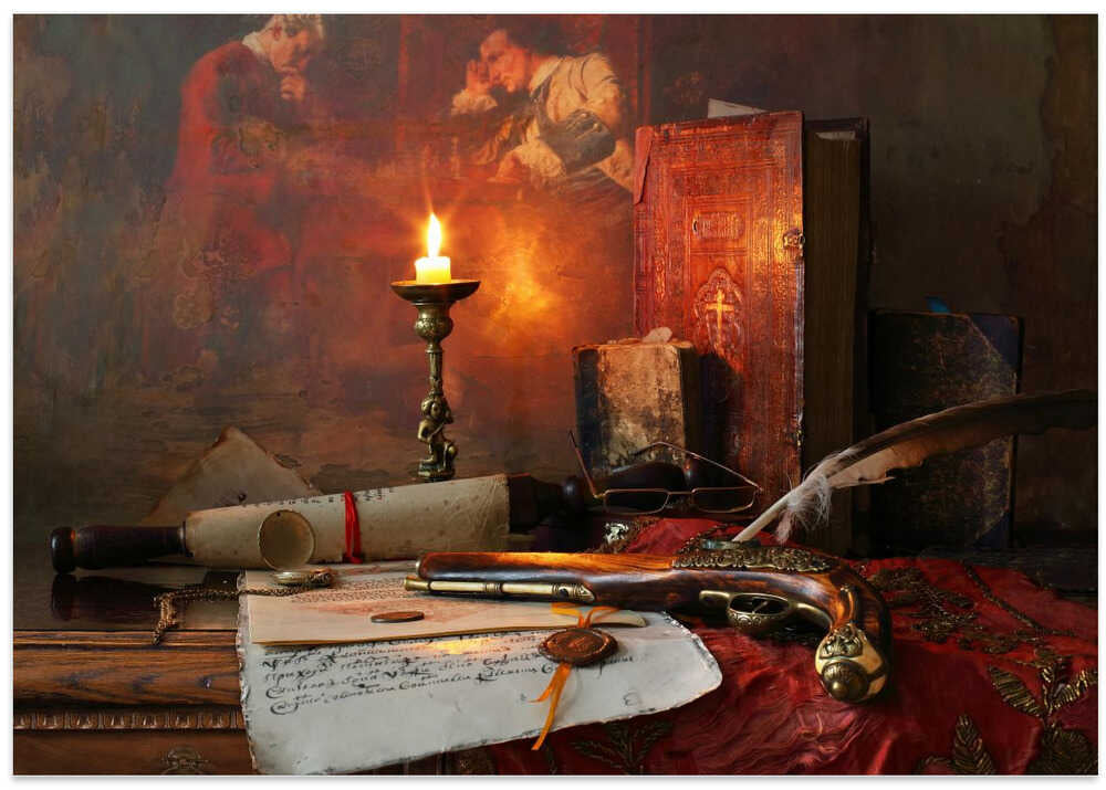 Still life with a scroll and a pistol
