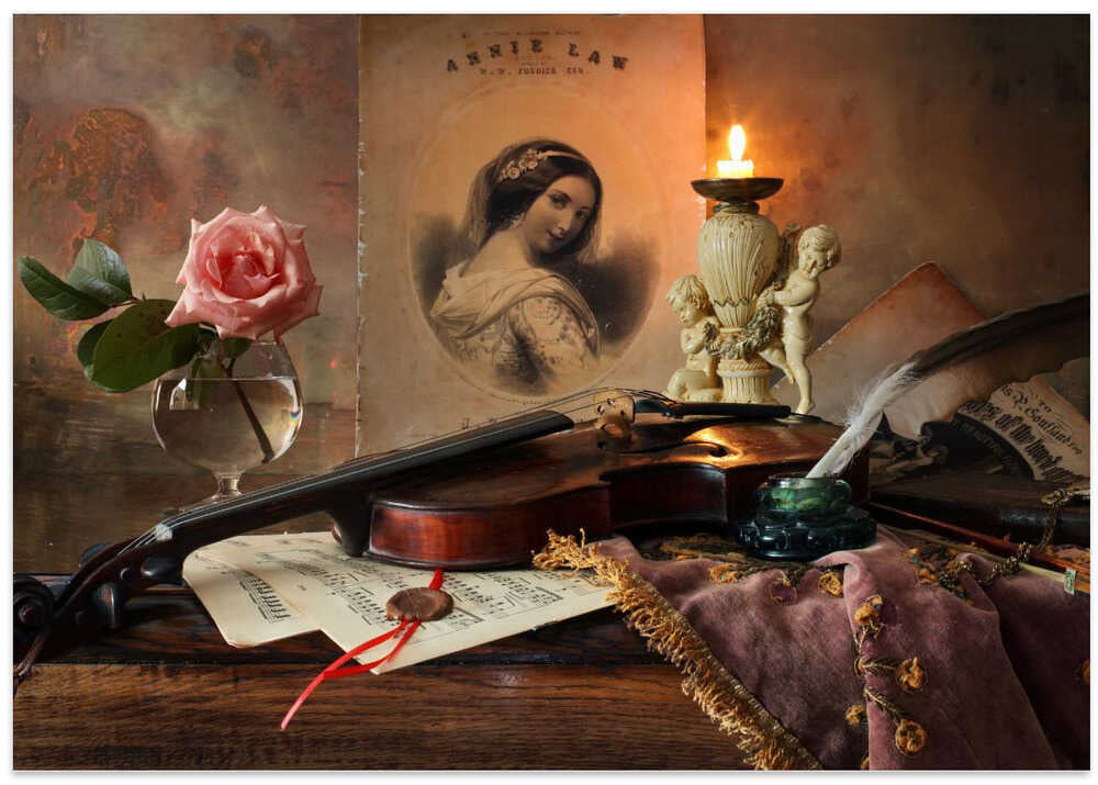Still life with violin and rose