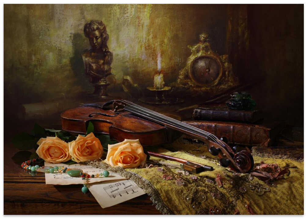 Still life with violin and roses