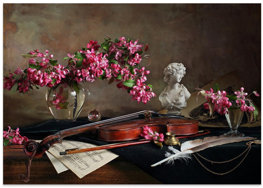 Still life with violin and flowers