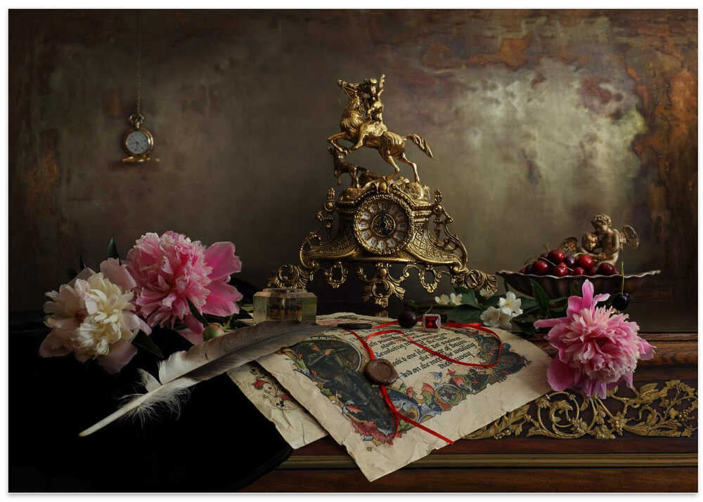 Still life with clock and peonies