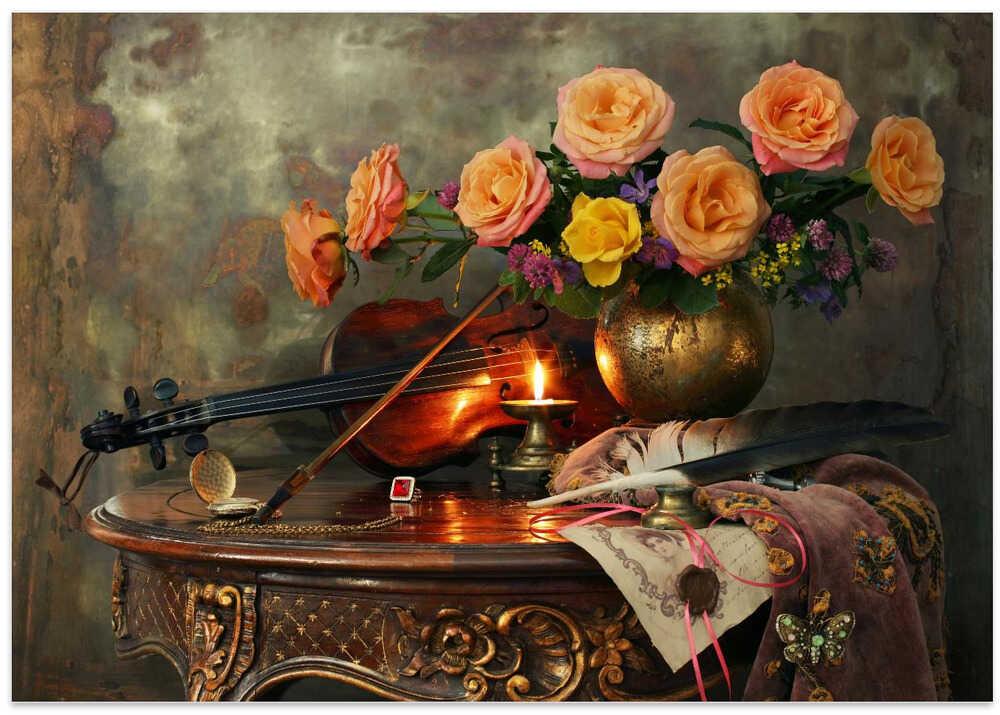 Still life with violin and flowers