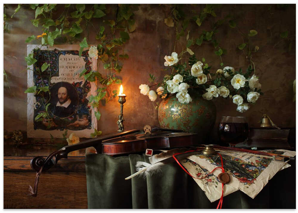 Still life with violin and flowers