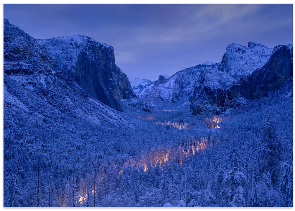 Traffic in Yosemite Valley during blue hour