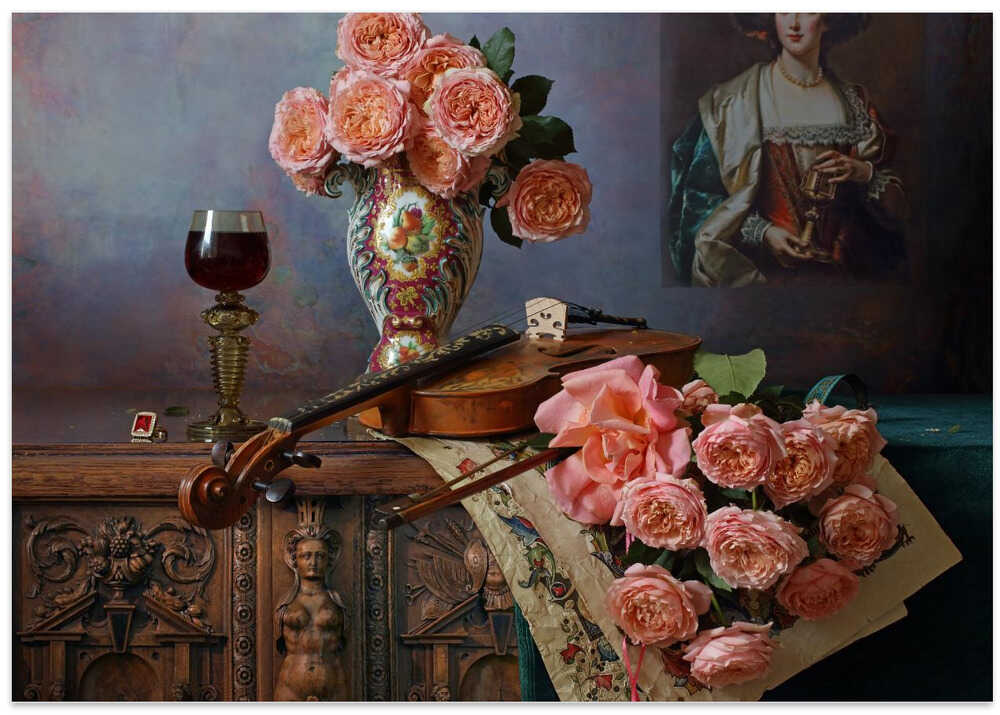 Still life with violin and roses