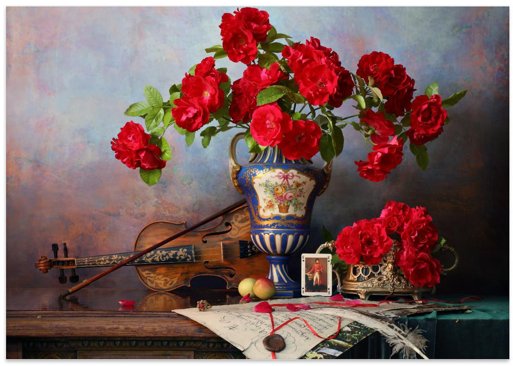 Still life with violin and red roses