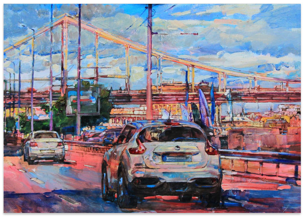 Kyiv embankment with a pedestrian bridge