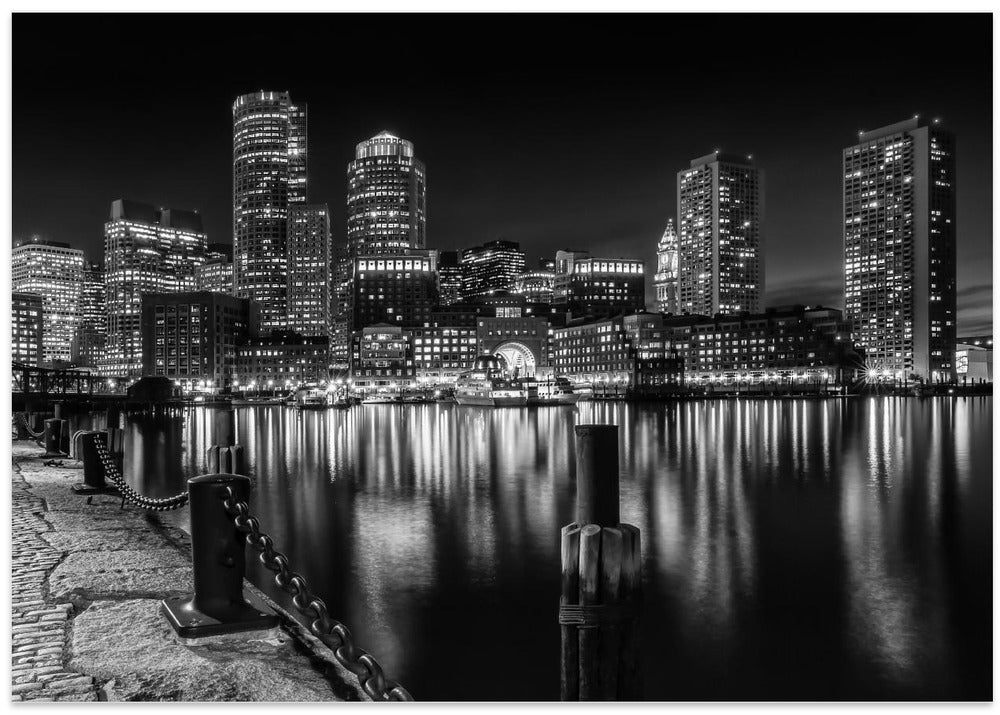 Art Prints of BOSTON Fan Pier Park & Skyline at night - monochrome