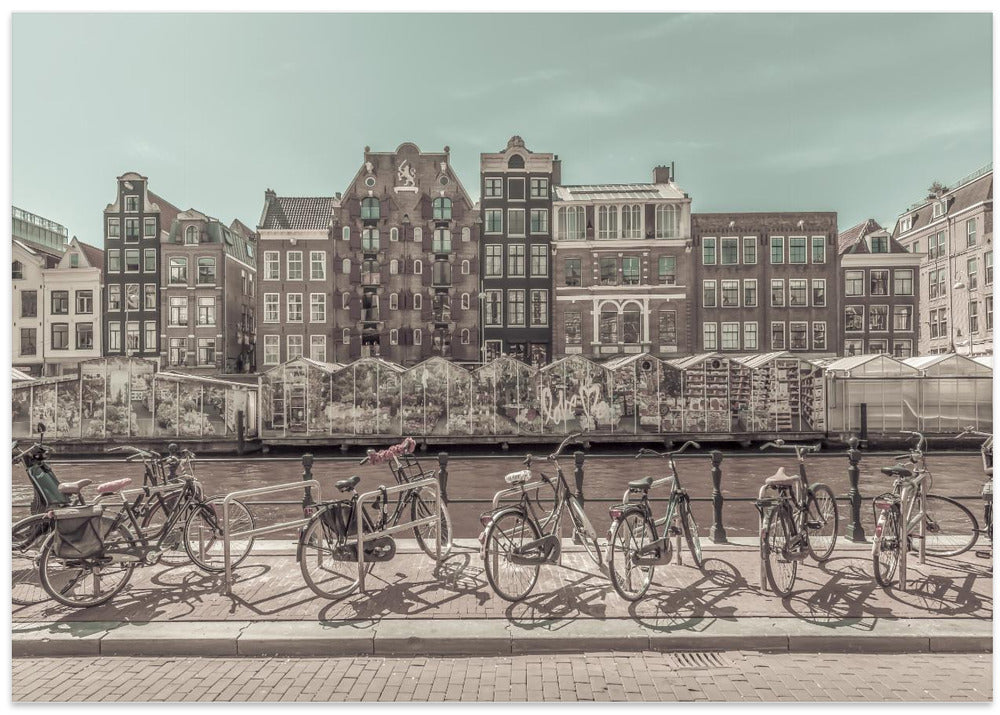 Art Prints of AMSTERDAM Singel Canal with Flower Market | urban vintage style