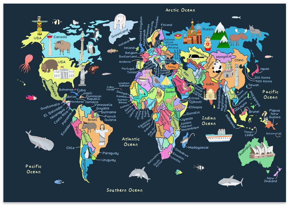 Educational Illustrated Map of the World for Kids