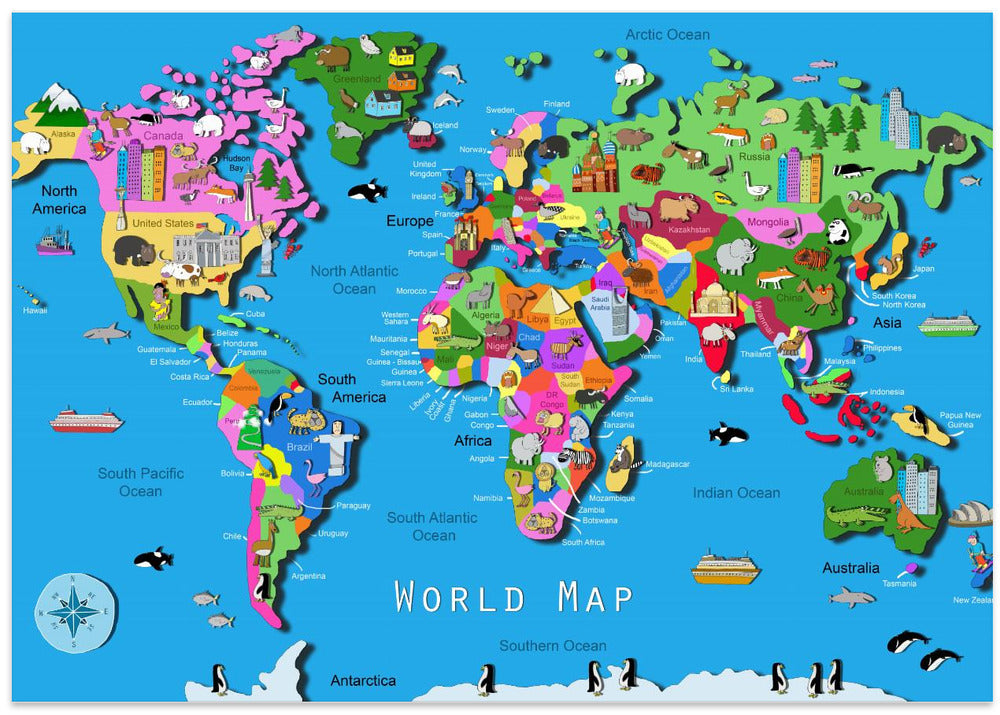 Illustrated World Map with Countries and Continents by Carla Daly
