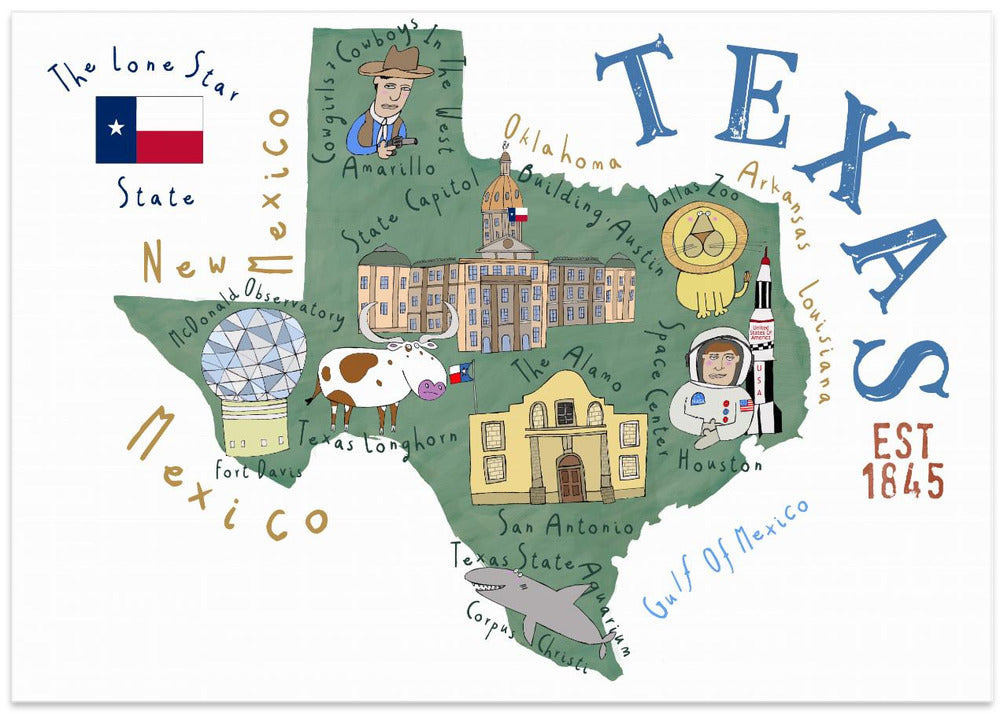 Texas State Map by Illustrated by Artist Carla Daly