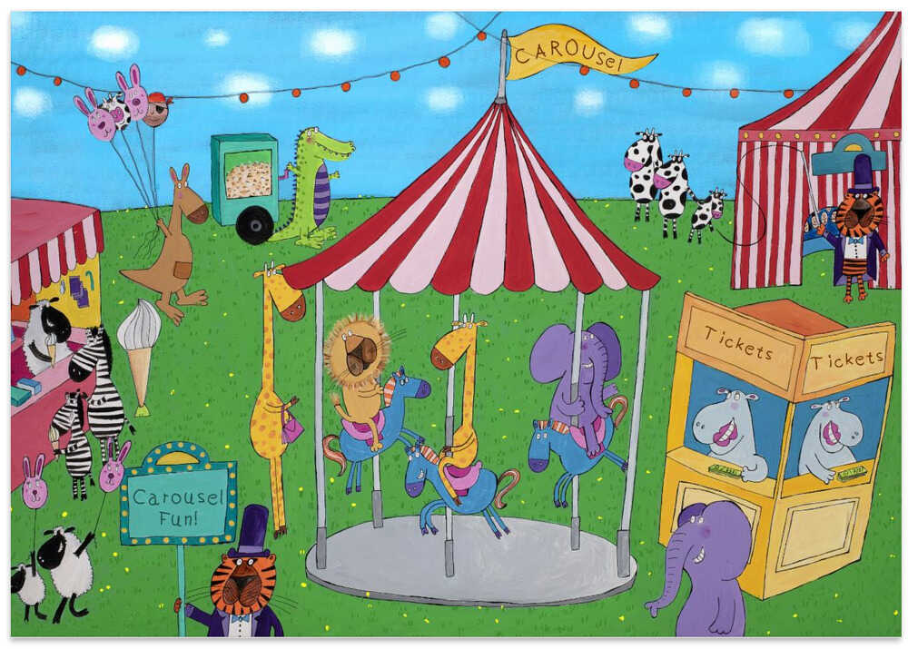 Welcome to the Carousel with Funny Animals by Artist Carla Daly