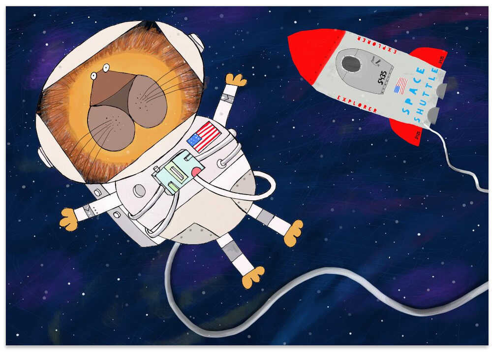 Funny Lion Astronaut is Swirling in Space by Artist Carla Daly
